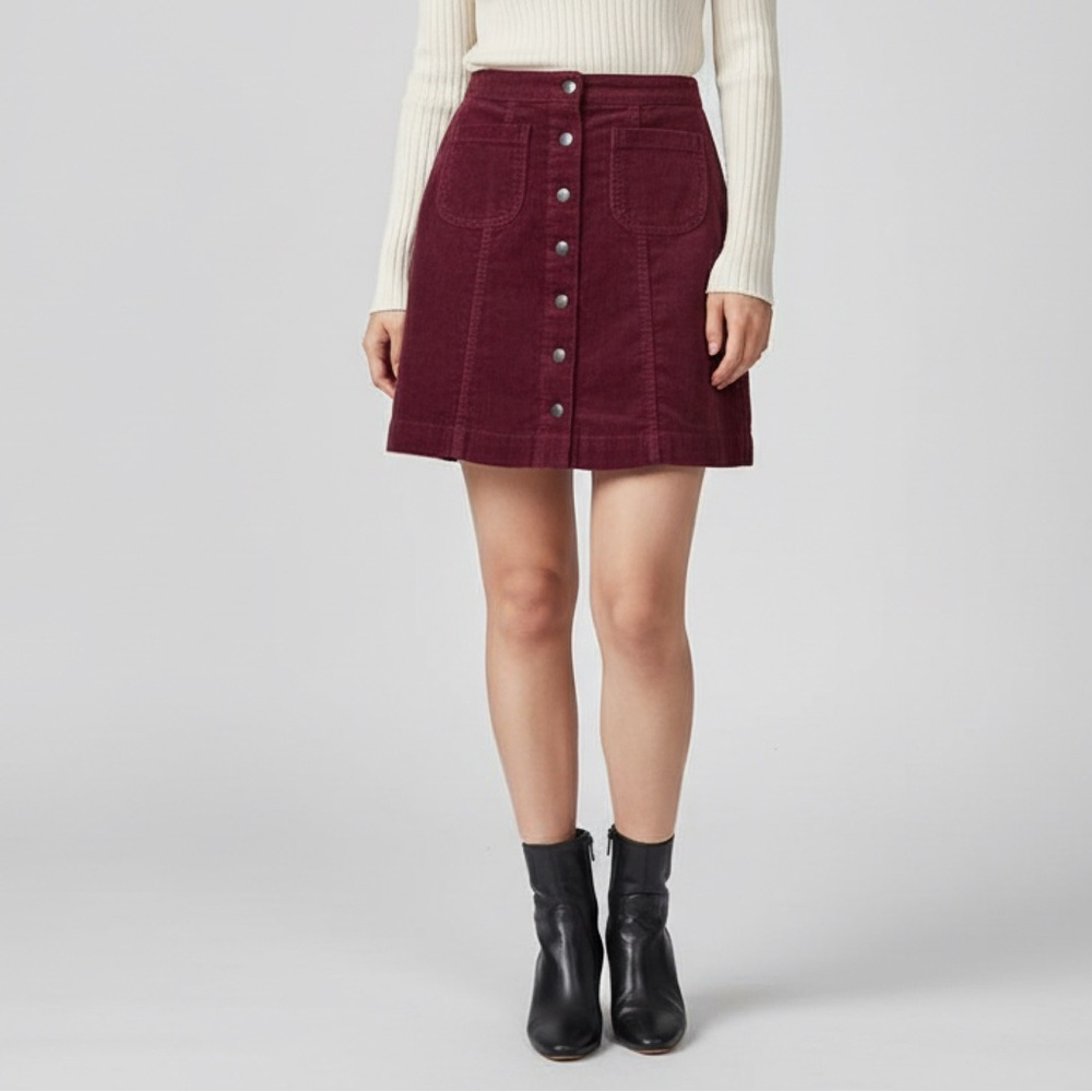 BRANDY MELVILLE | Burgundy Retro Corduroy Snap Front Mini Skirt Sz S